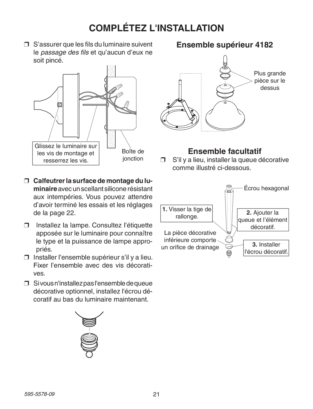 Heath Zenith 595-5578-09 manual Complétez Linstallation, Ensemble supérieur, Ensemble facultatif 