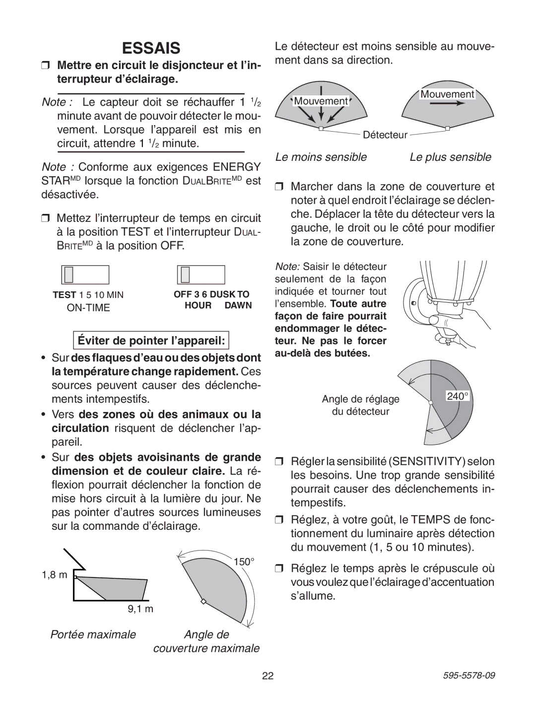 Heath Zenith 595-5578-09 manual Essais, Portée maximale Angle de Couverture maximale 