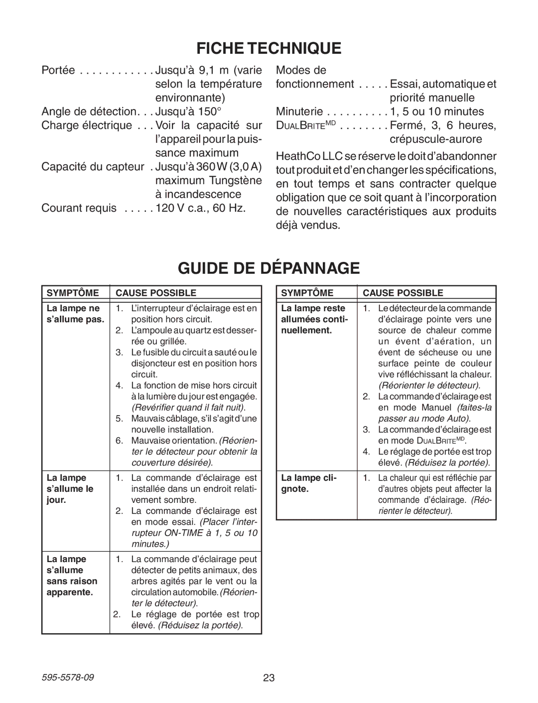 Heath Zenith 595-5578-09 manual Fiche Technique, Guide DE Dépannage 