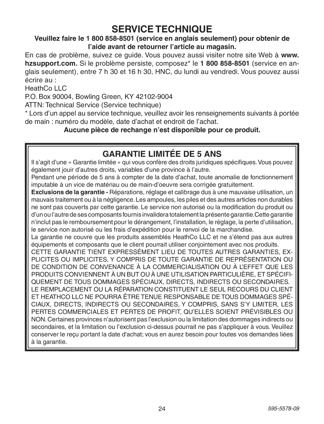 Heath Zenith 595-5578-09 manual Service Technique, Aucune pièce de rechange n’est disponible pour ce produit 