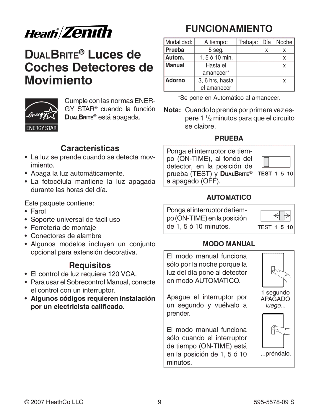 Heath Zenith 595-5578-09 manual Funcionamiento, Características, Requisitos 