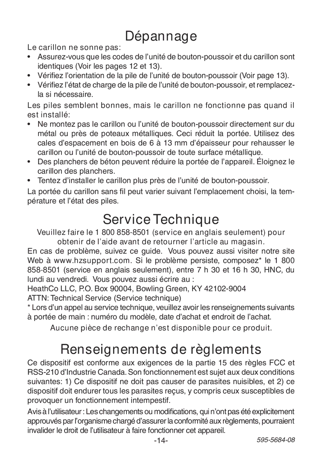 Heath Zenith 595-5684-08 manual Dépannage, Service Technique, Renseignements de règlements, Le carillon ne sonne pas 