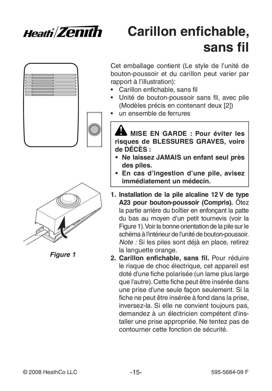 Heath Zenith 595-5684-09 manual La languette orange, Carillon enfichable, sans fil. Pour réduire 