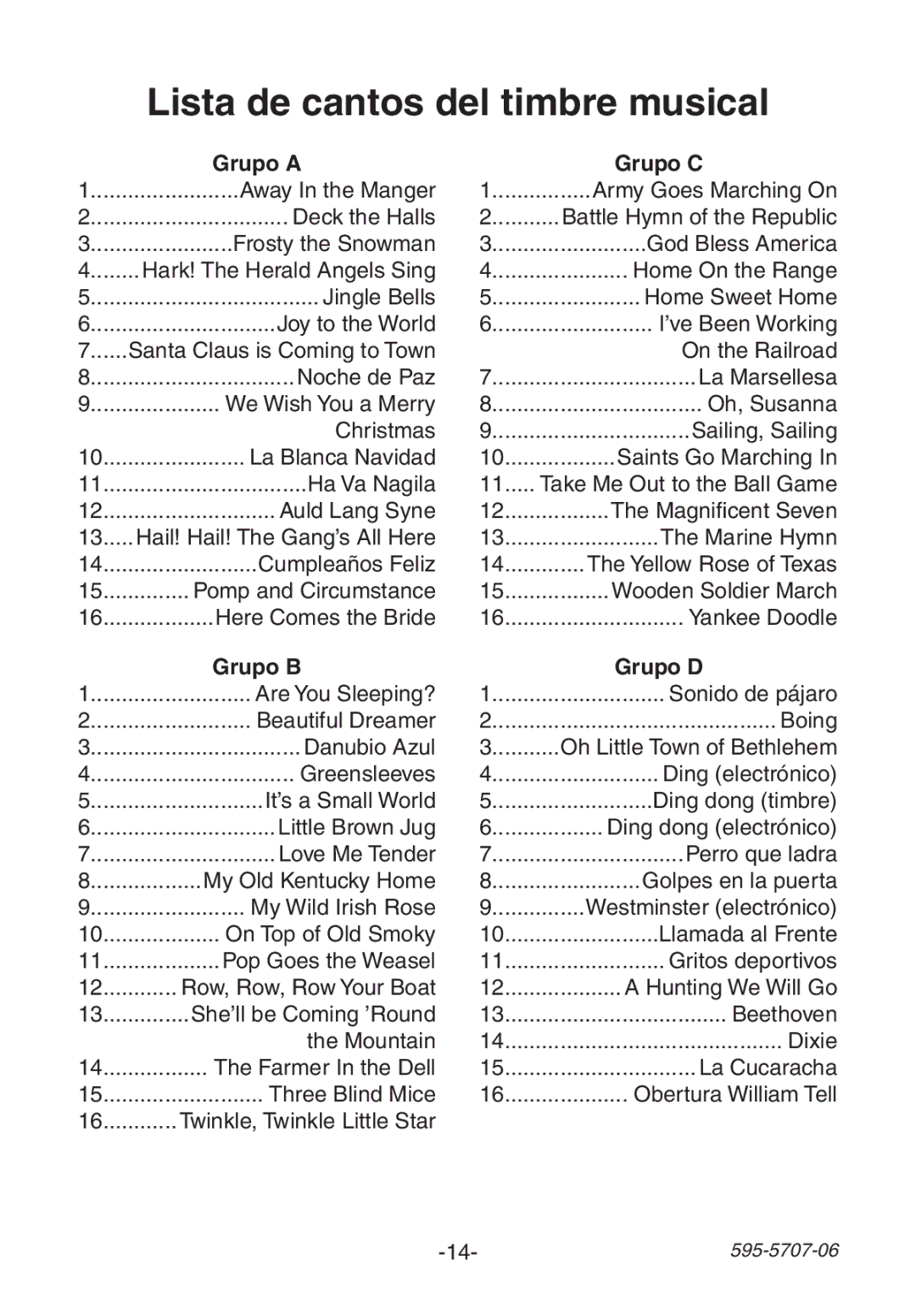 Heath Zenith 595-5707-06 manual Lista de cantos del timbre musical, Grupo a Grupo C, Grupo B Grupo D 