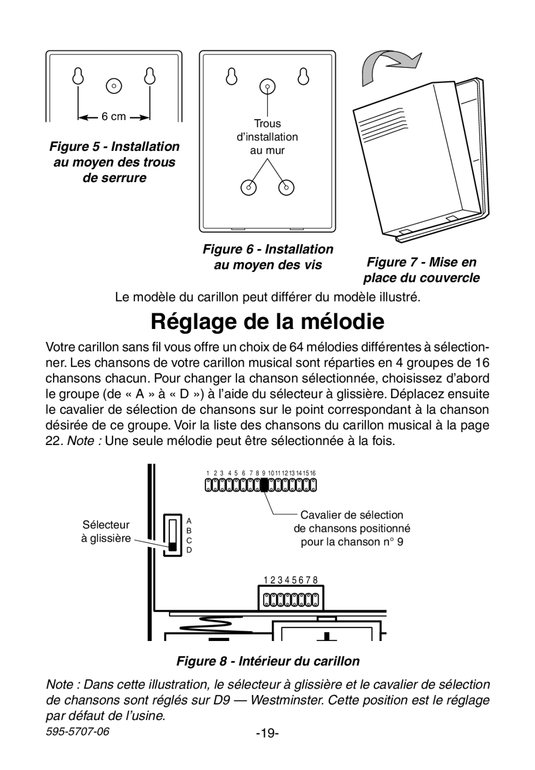 Heath Zenith 595-5707-06 manual Réglage de la mélodie, Installation 