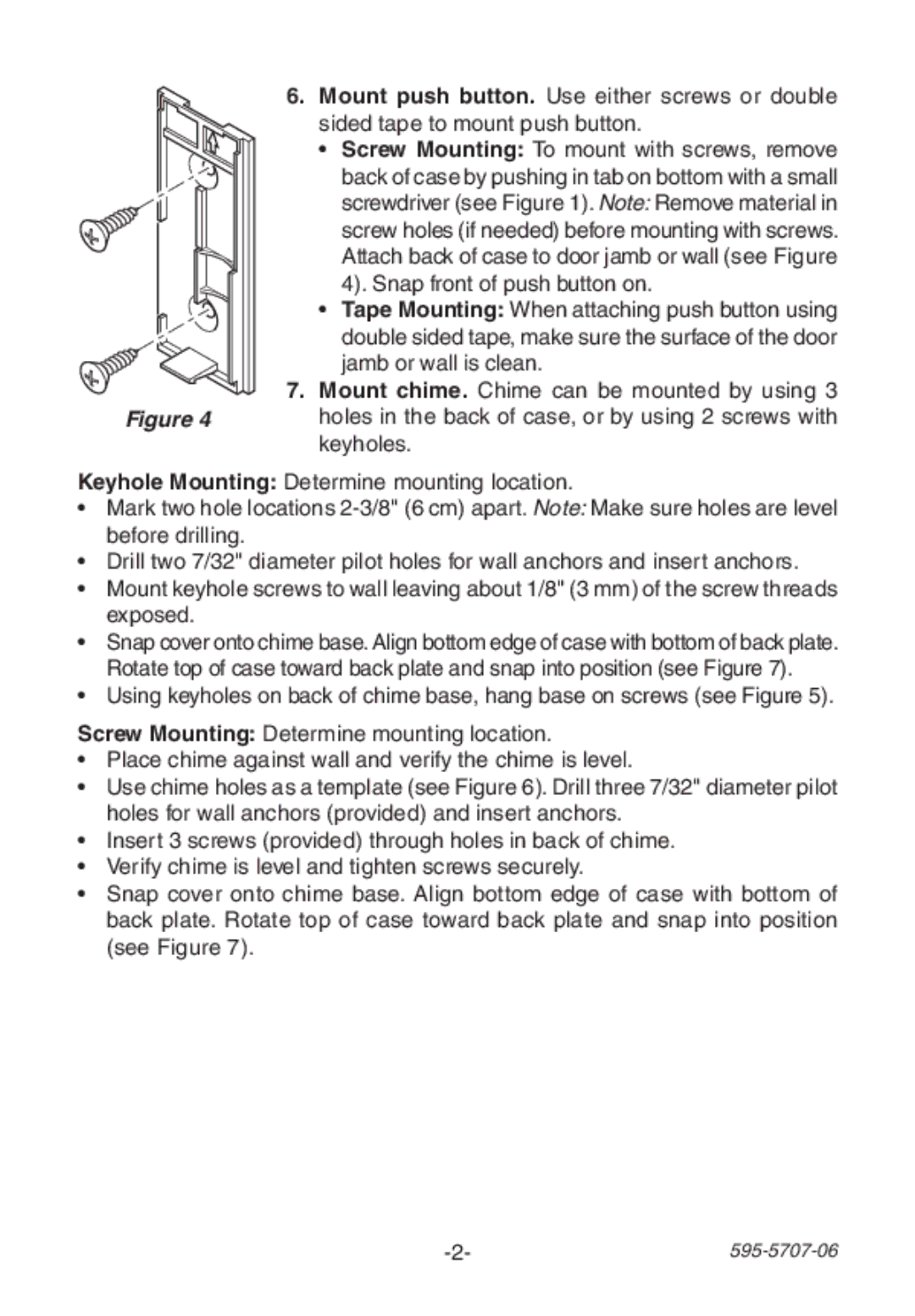 Heath Zenith 595-5707-06 manual Mount push button. Use either screws or double 