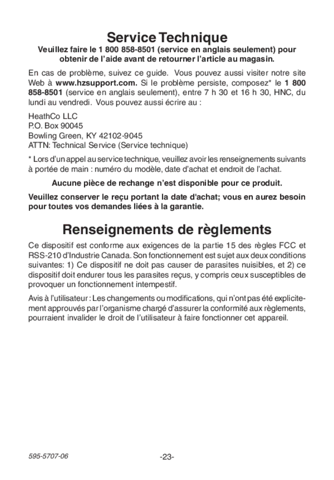 Heath Zenith 595-5707-06 manual Service Technique, Renseignements de règlements 