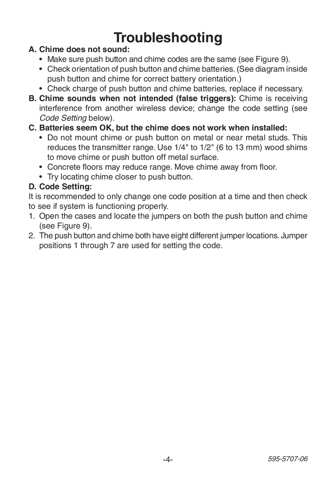 Heath Zenith 595-5707-06 manual Troubleshooting, Chime does not sound, Code Setting 