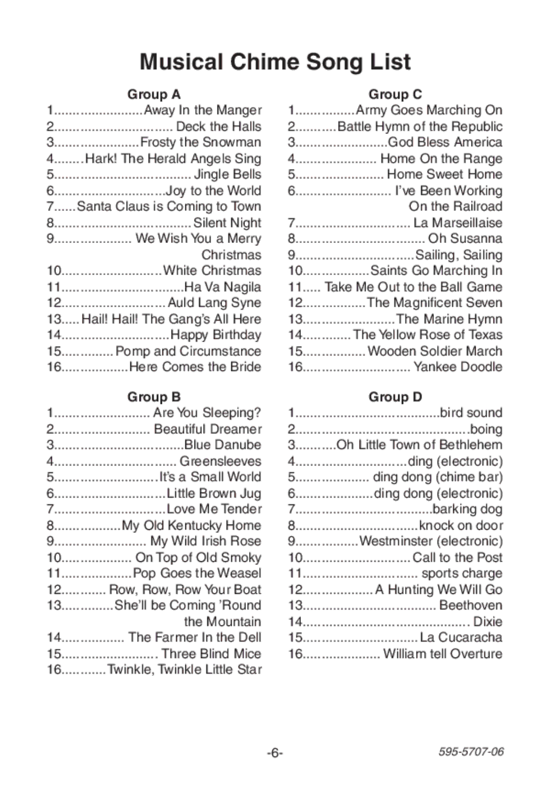 Heath Zenith 595-5707-06 manual Musical Chime Song List, Group a Group C, Group B Group D 