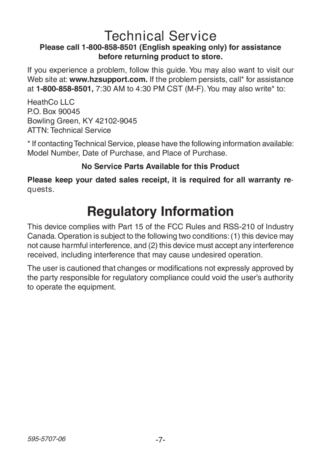 Heath Zenith 595-5707-06 manual Technical Service, Regulatory Information 