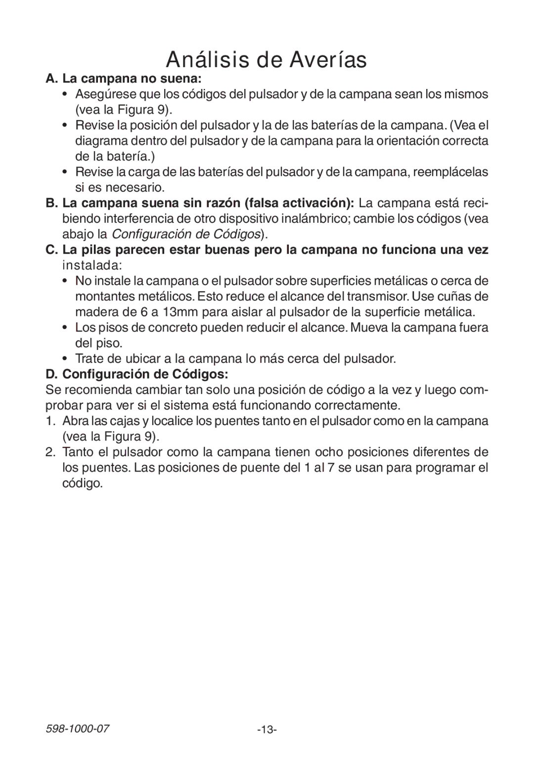 Heath Zenith 598-1000-07 manual Análisis de Averías, La campana no suena, Configuración de Códigos 