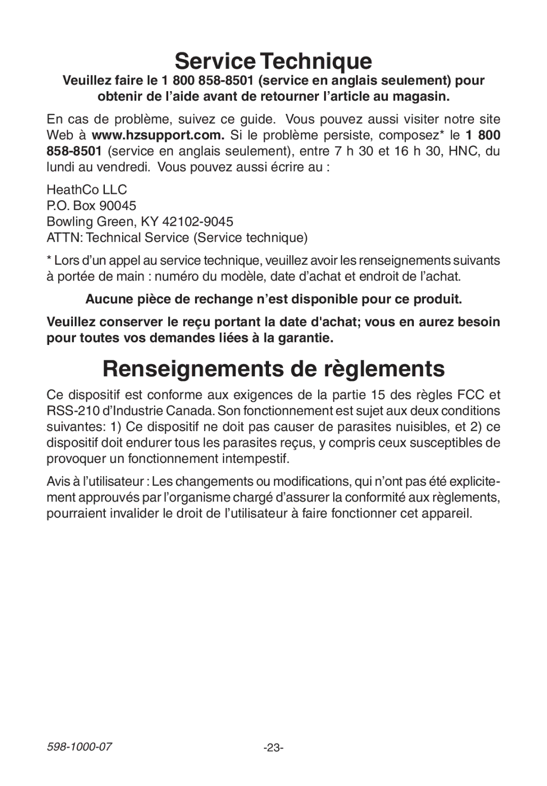 Heath Zenith 598-1000-07 manual Service Technique, Renseignements de règlements 