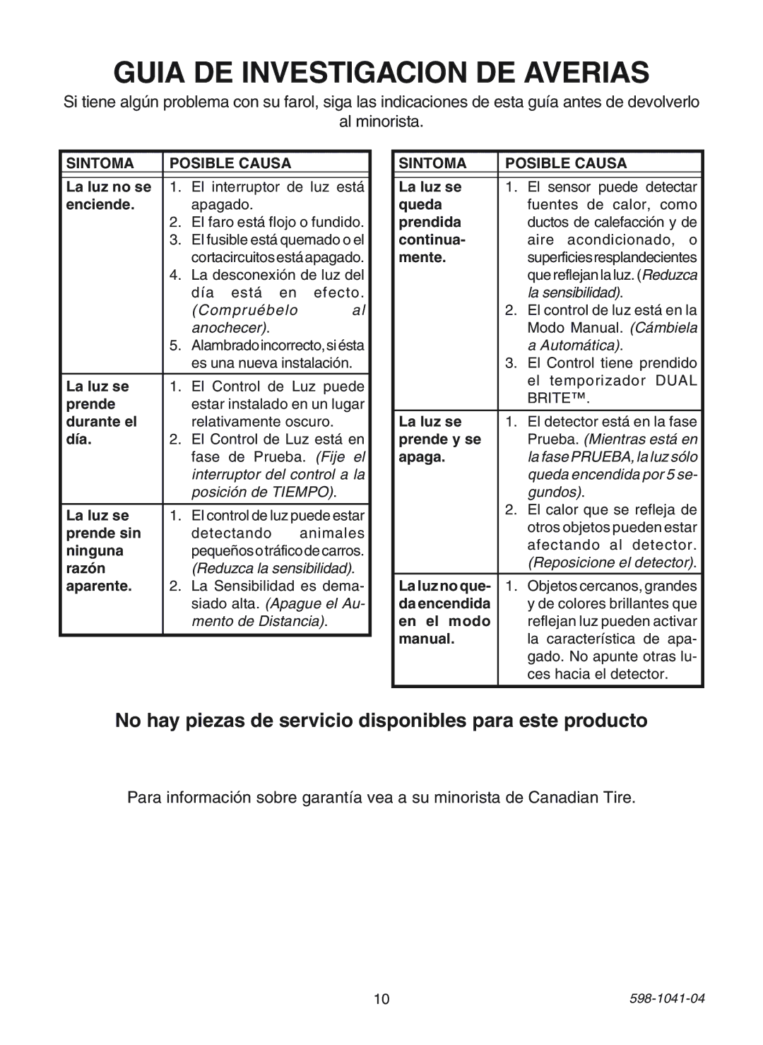 Heath Zenith 598-1041-04 manual Guia DE Investigacion DE Averias, No hay piezas de servicio disponibles para este producto 