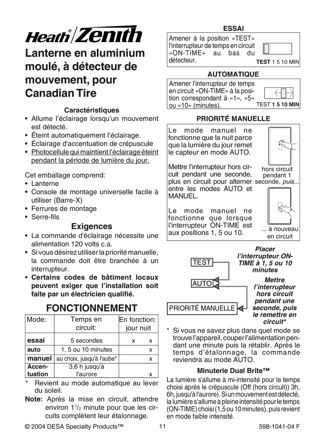 Heath Zenith 598-1041-04 manual Fonctionnement, Exigences 