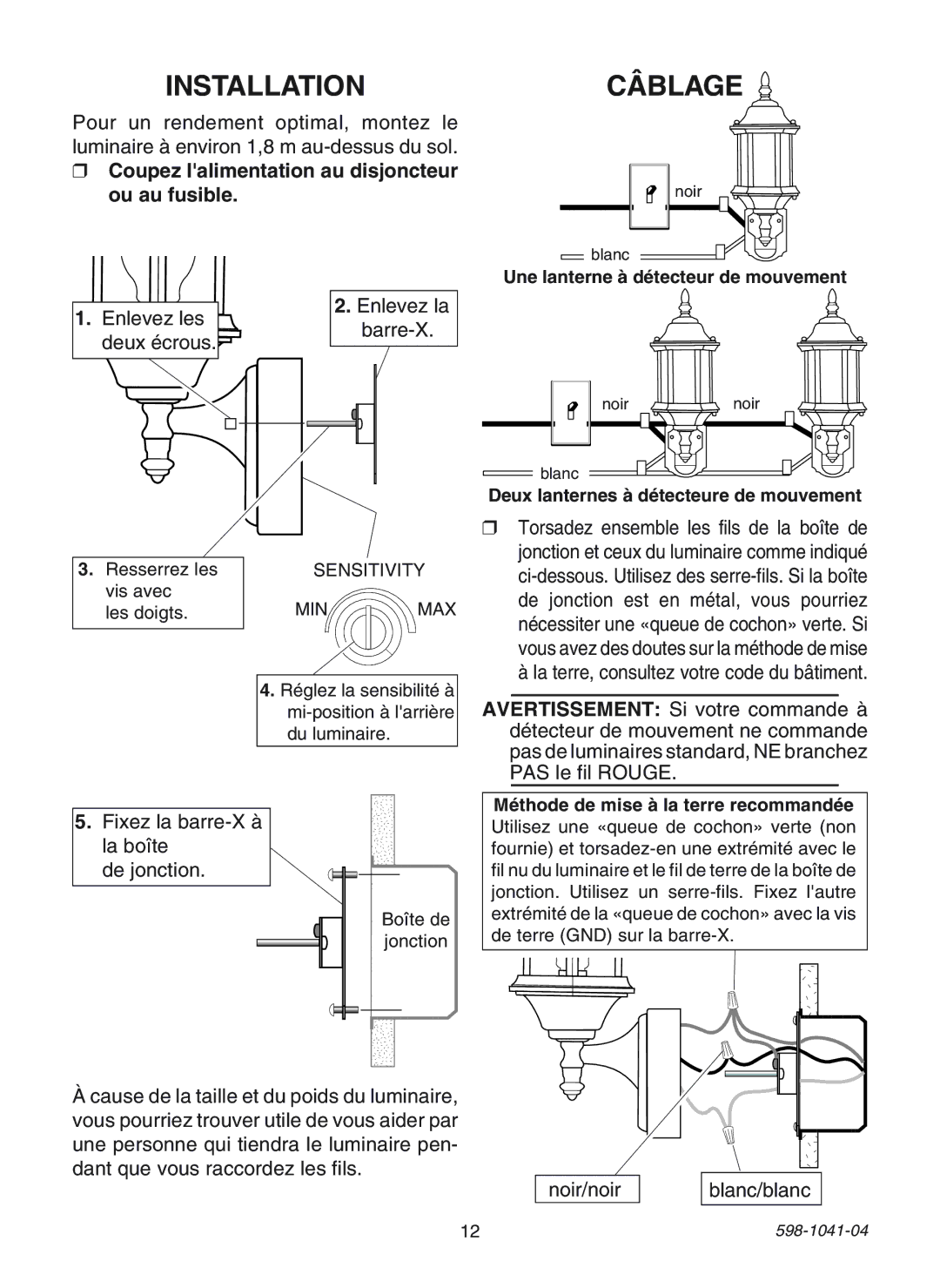 Heath Zenith 598-1041-04 manual Câblage, Ou au fusible, Une lanterne à détecteur de mouvement 