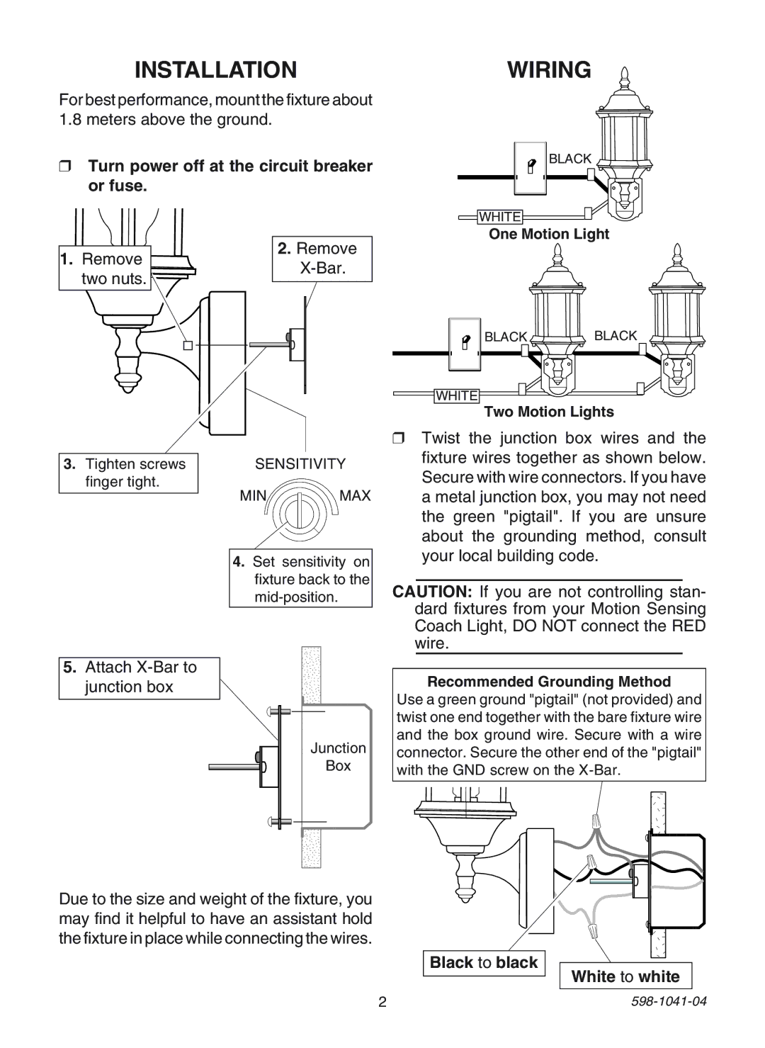 Heath Zenith 598-1041-04 Installationwiring, Turn power off at the circuit breaker or fuse, Black to black White to white 