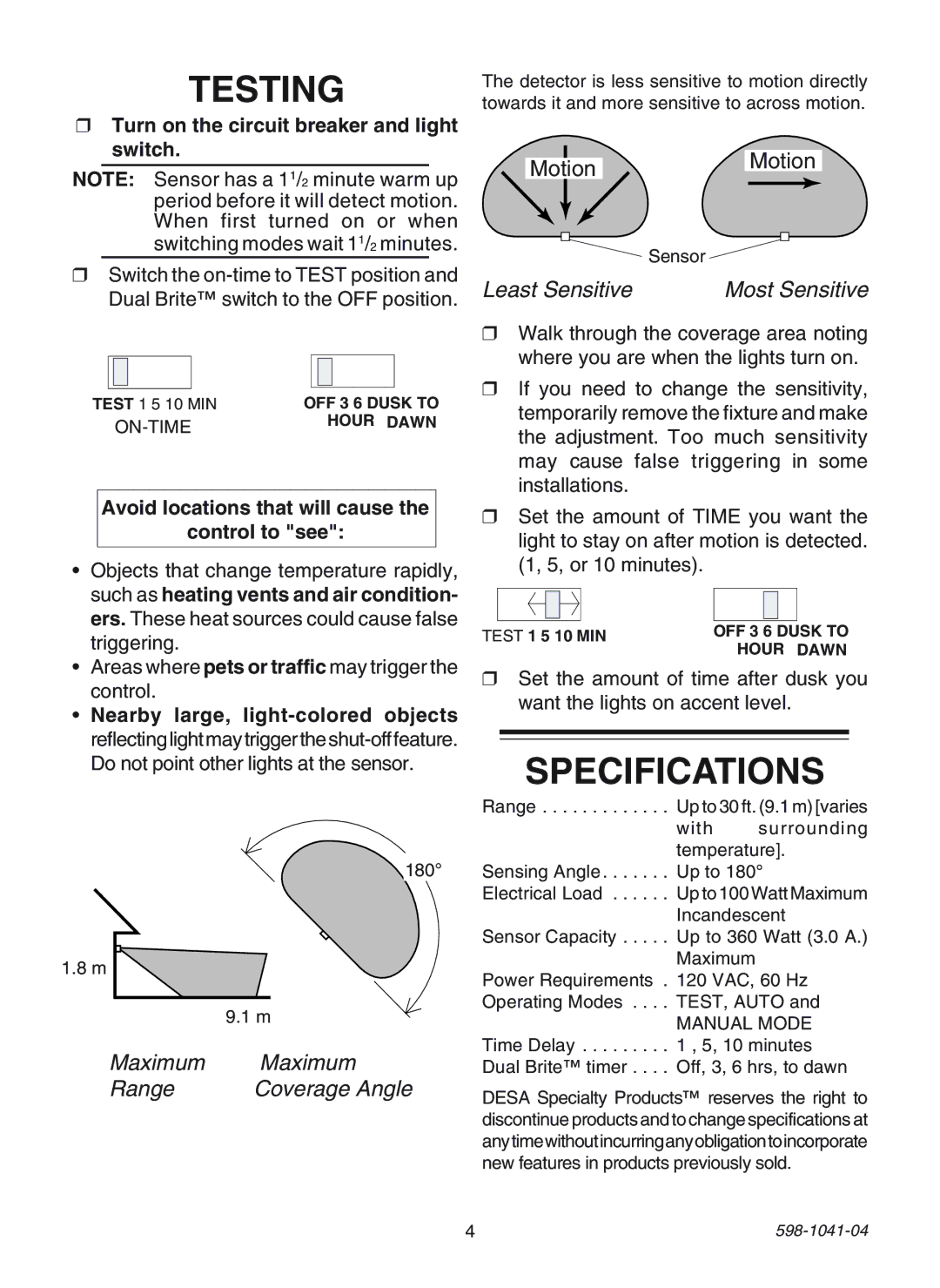 Heath Zenith 598-1041-04 manual Testing, Specifications, Turn on the circuit breaker and light switch 