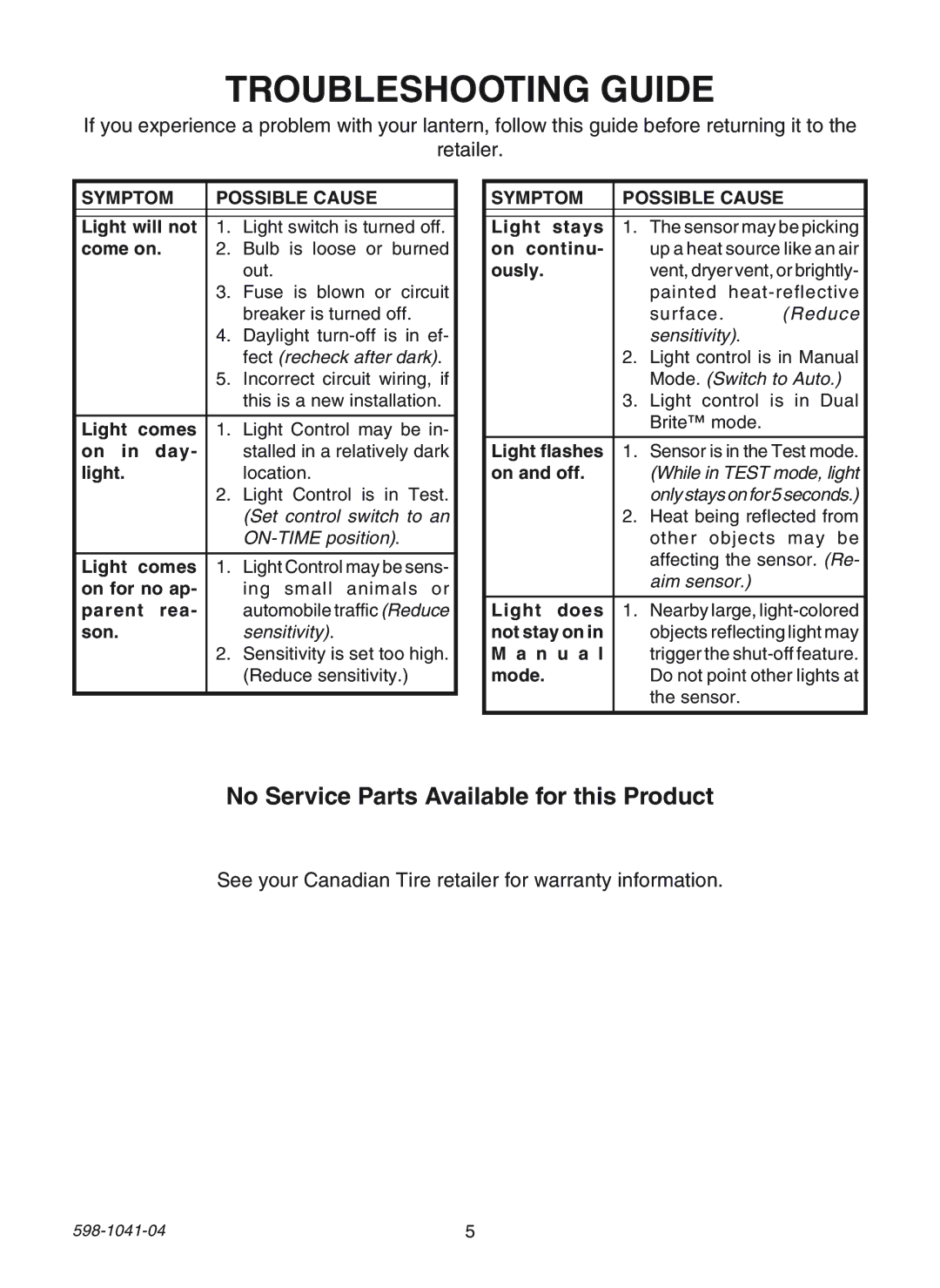 Heath Zenith 598-1041-04 manual Troubleshooting Guide, No Service Parts Available for this Product 