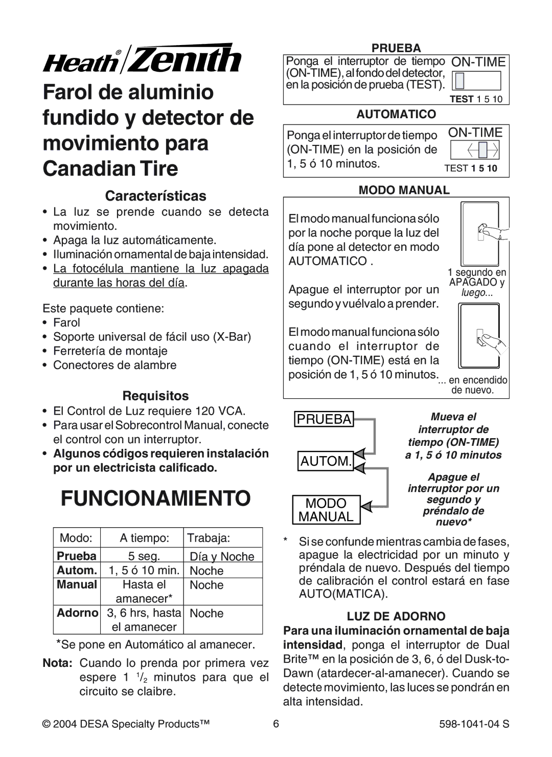 Heath Zenith 598-1041-04 manual Funcionamiento, Características, Autom, Adorno, Prueba 