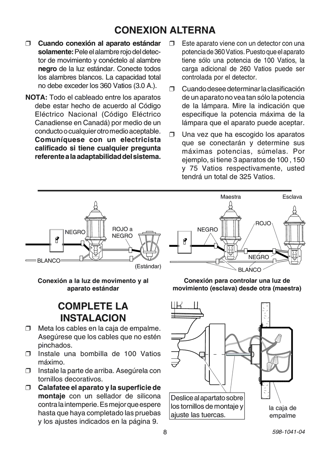 Heath Zenith 598-1041-04 manual Conexion Alterna, Complete LA Instalacion 