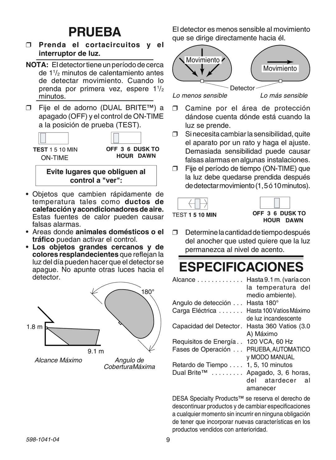 Heath Zenith 598-1041-04 manual Prueba, Especificaciones 