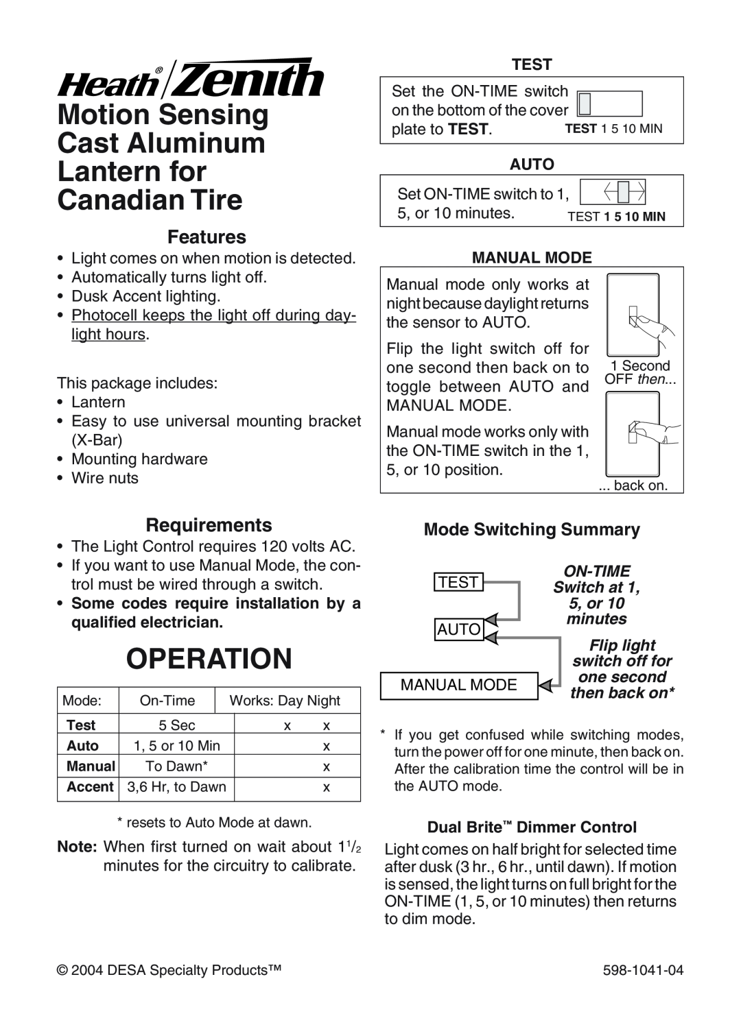 Heath Zenith 598-1041-04 manual Motion Sensing Cast Aluminum Lantern for, Canadian Tire, Operation, Features, Requirements 
