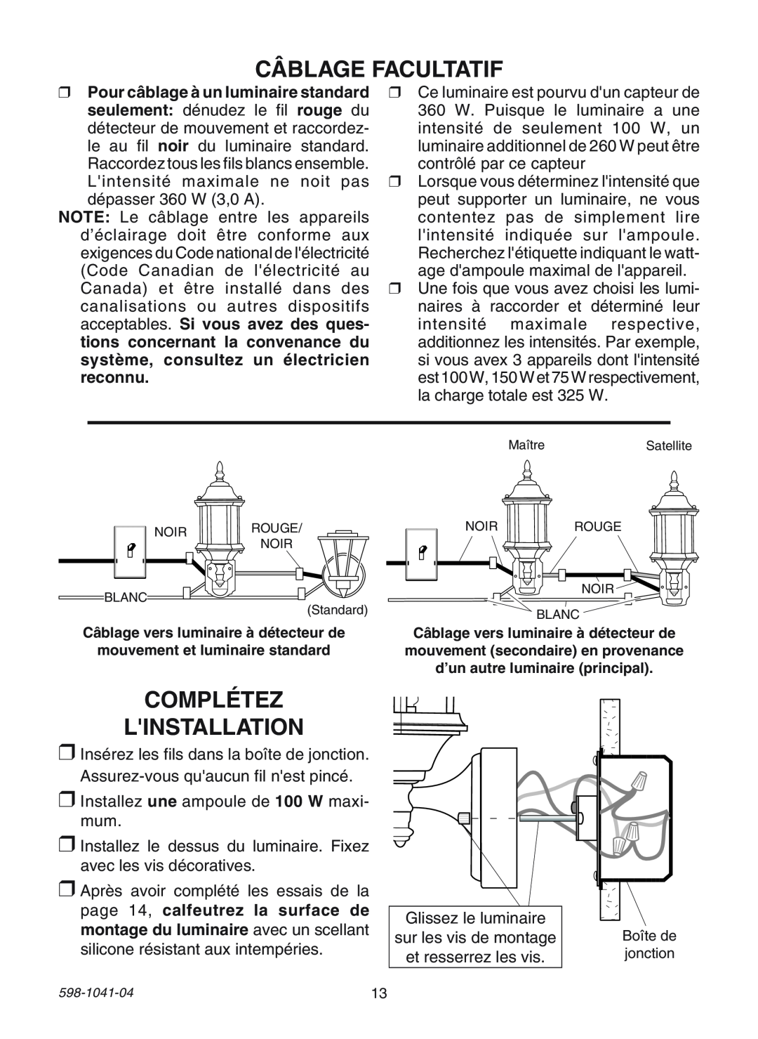 Heath Zenith 598-1041-04 manual Câblage Facultatif, Complétez Linstallation 