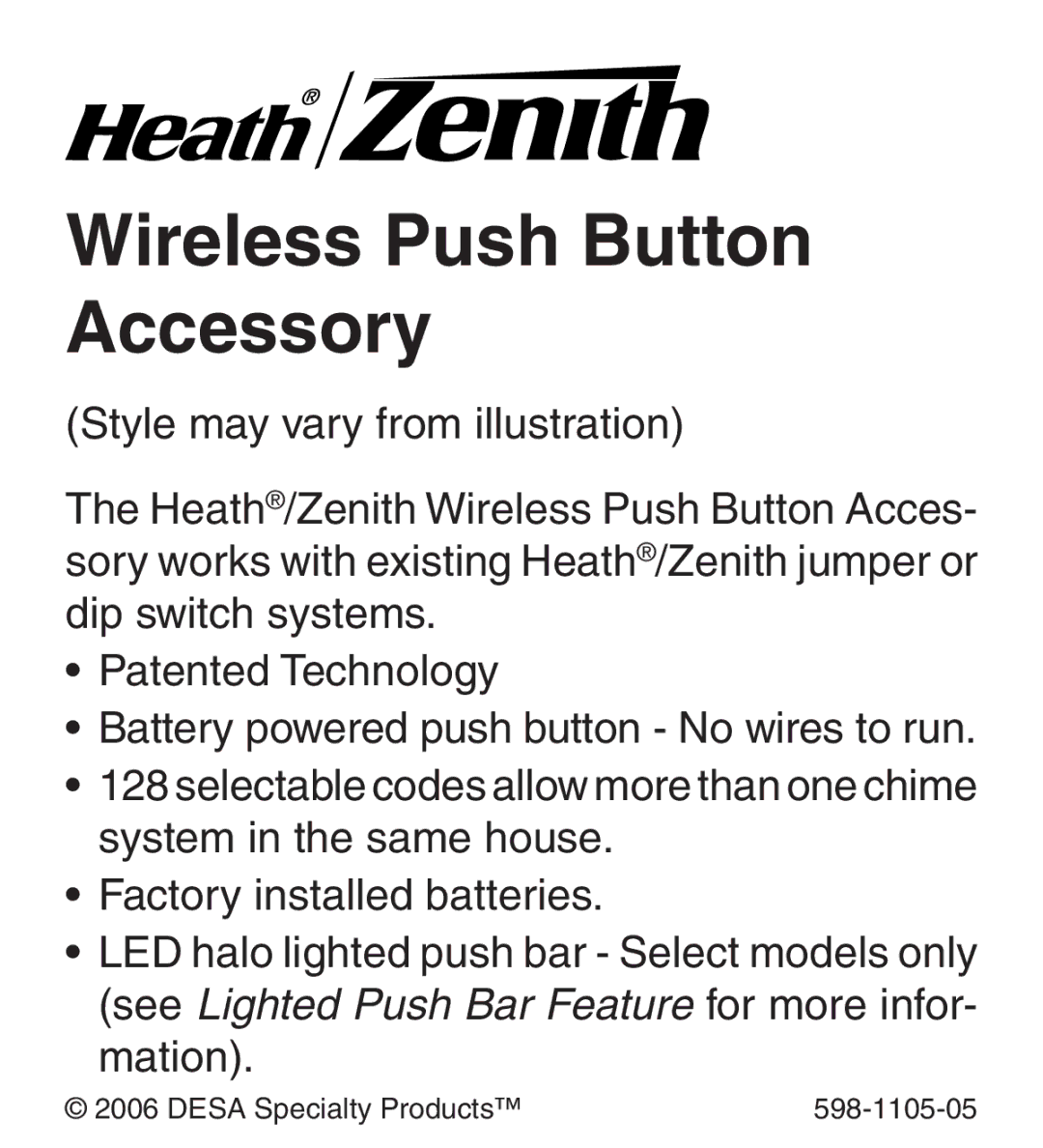 Heath Zenith 598-1105-05 manual Wireless Push Button Accessory 