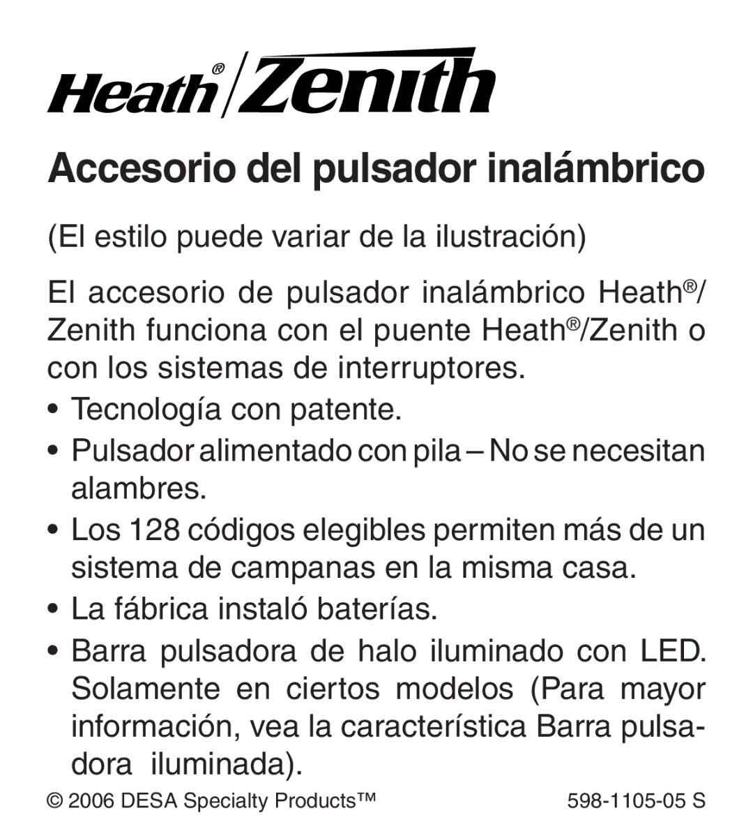 Heath Zenith 598-1105-05 manual Accesorio del pulsador inalámbrico 