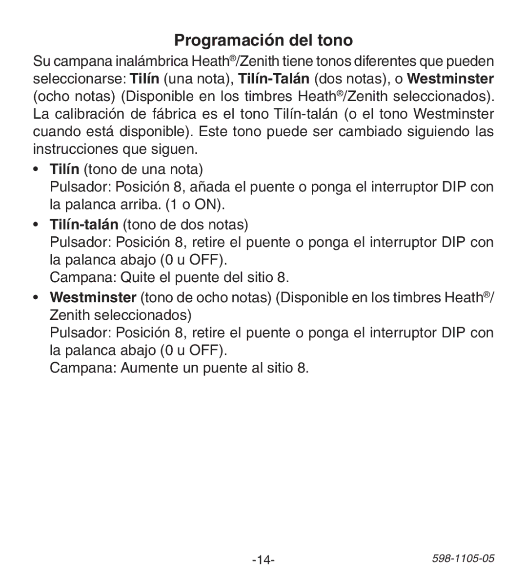 Heath Zenith 598-1105-05 manual Programación del tono 