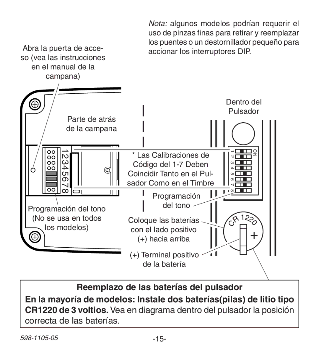 Heath Zenith 598-1105-05 manual Reemplazo de las baterías del pulsador, Correcta de las baterías 