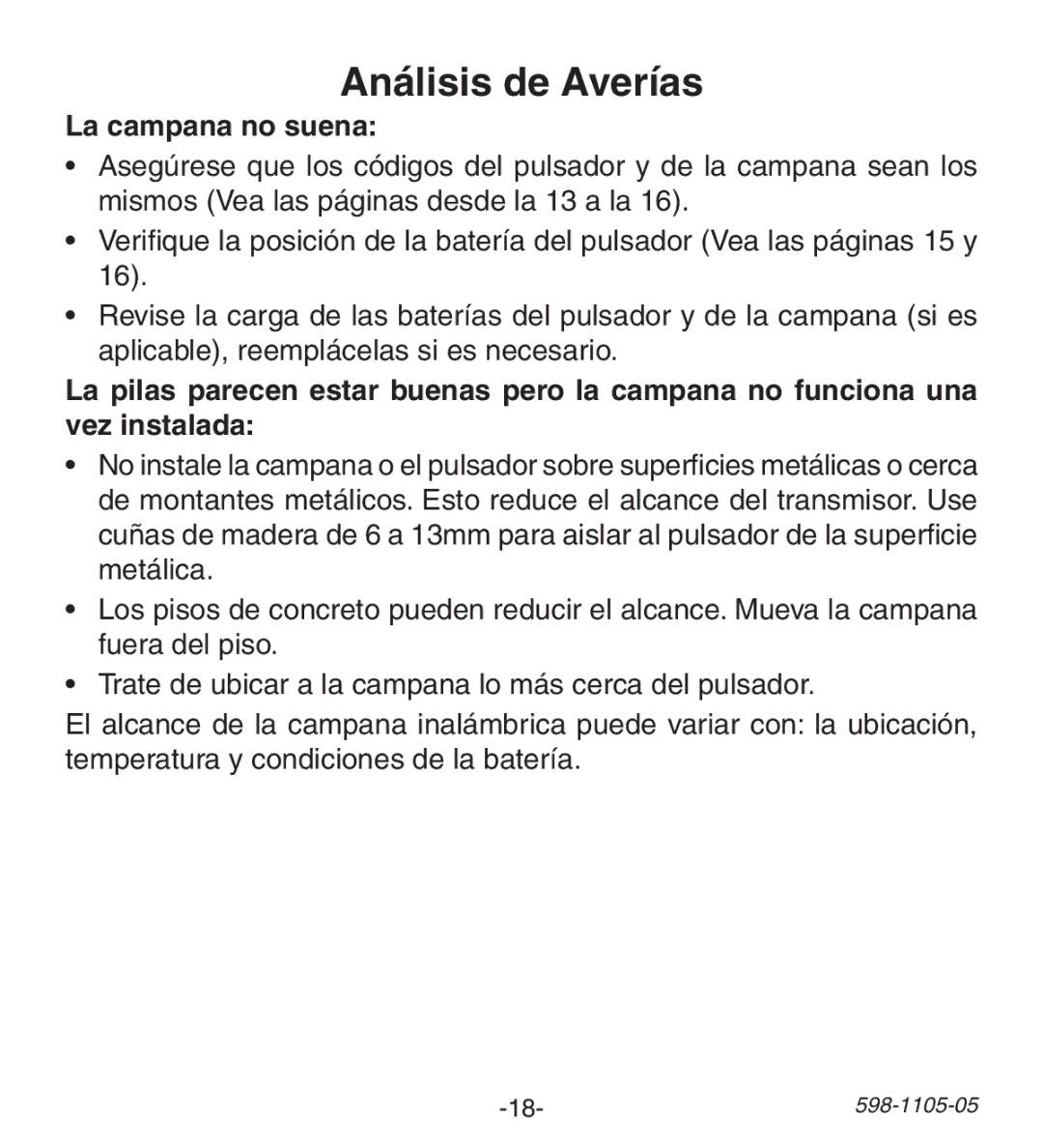 Heath Zenith 598-1105-05 manual Análisis de Averías, La campana no suena 