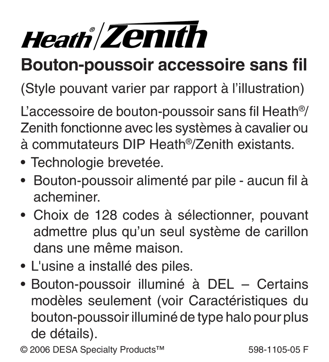 Heath Zenith 598-1105-05 manual Bouton-poussoir accessoire sans fil 