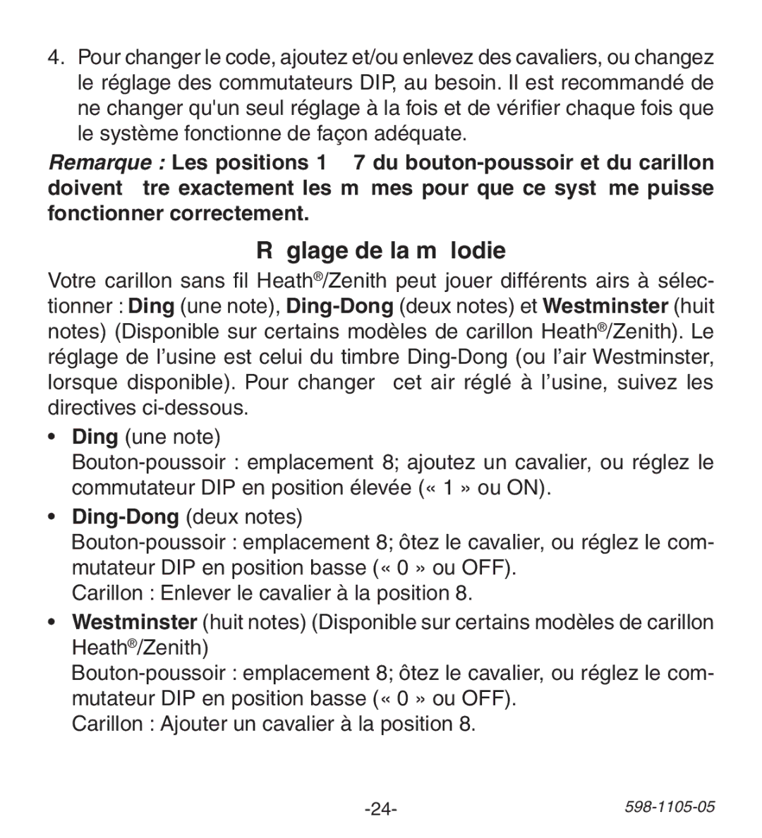 Heath Zenith 598-1105-05 manual Réglage de la mélodie 