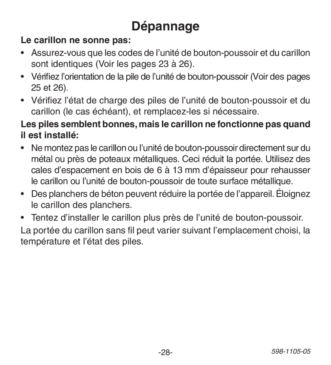 Heath Zenith 598-1105-05 manual Dépannage, Le carillon ne sonne pas 