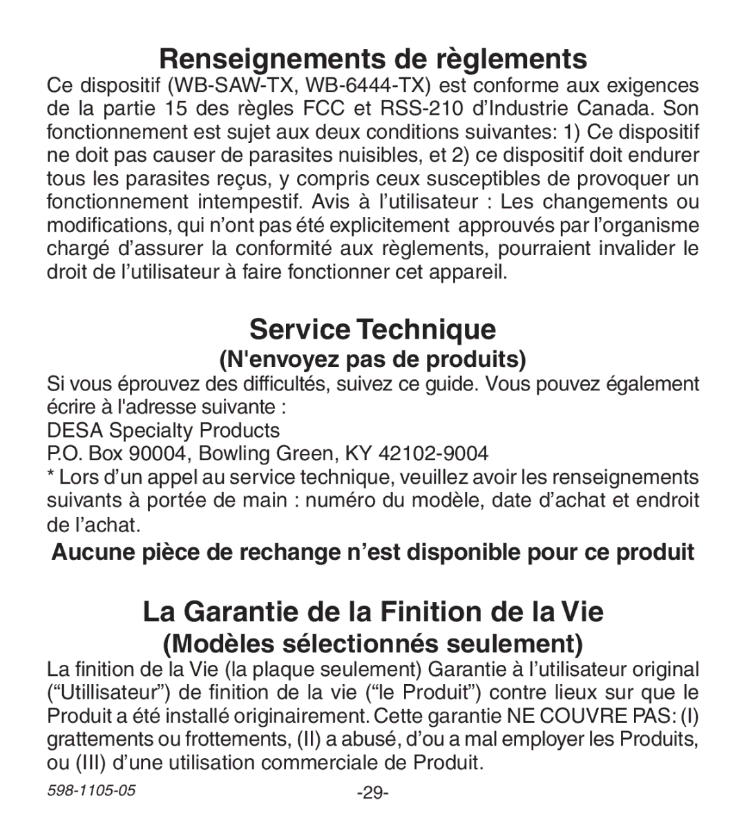 Heath Zenith 598-1105-05 manual Renseignements de règlements, Service Technique, La Garantie de la Finition de la Vie 