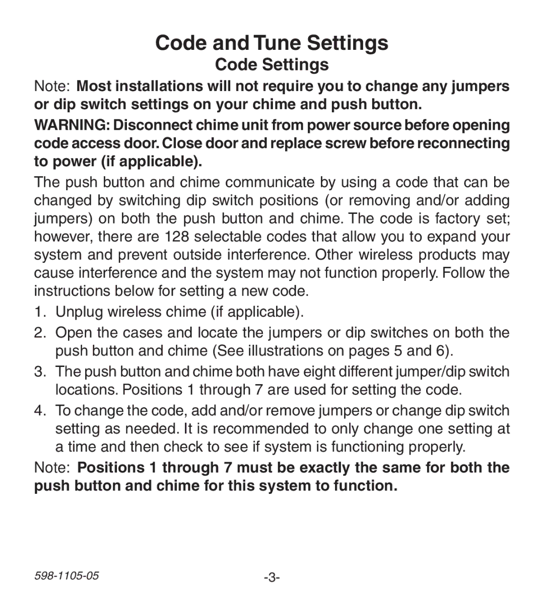 Heath Zenith 598-1105-05 manual Code and Tune Settings, Code Settings 