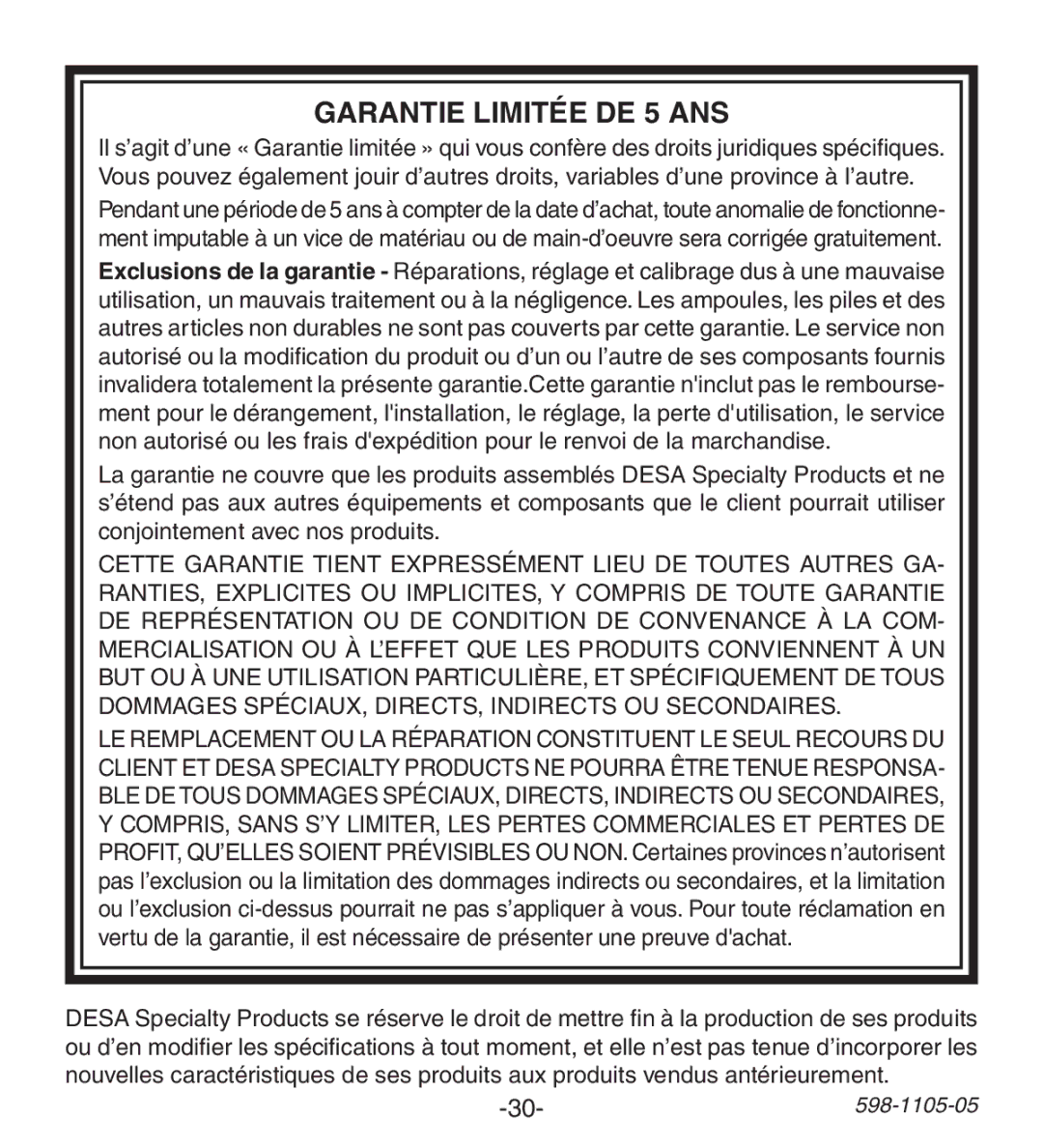 Heath Zenith 598-1105-05 manual Garantie Limitée DE 5 ANS 