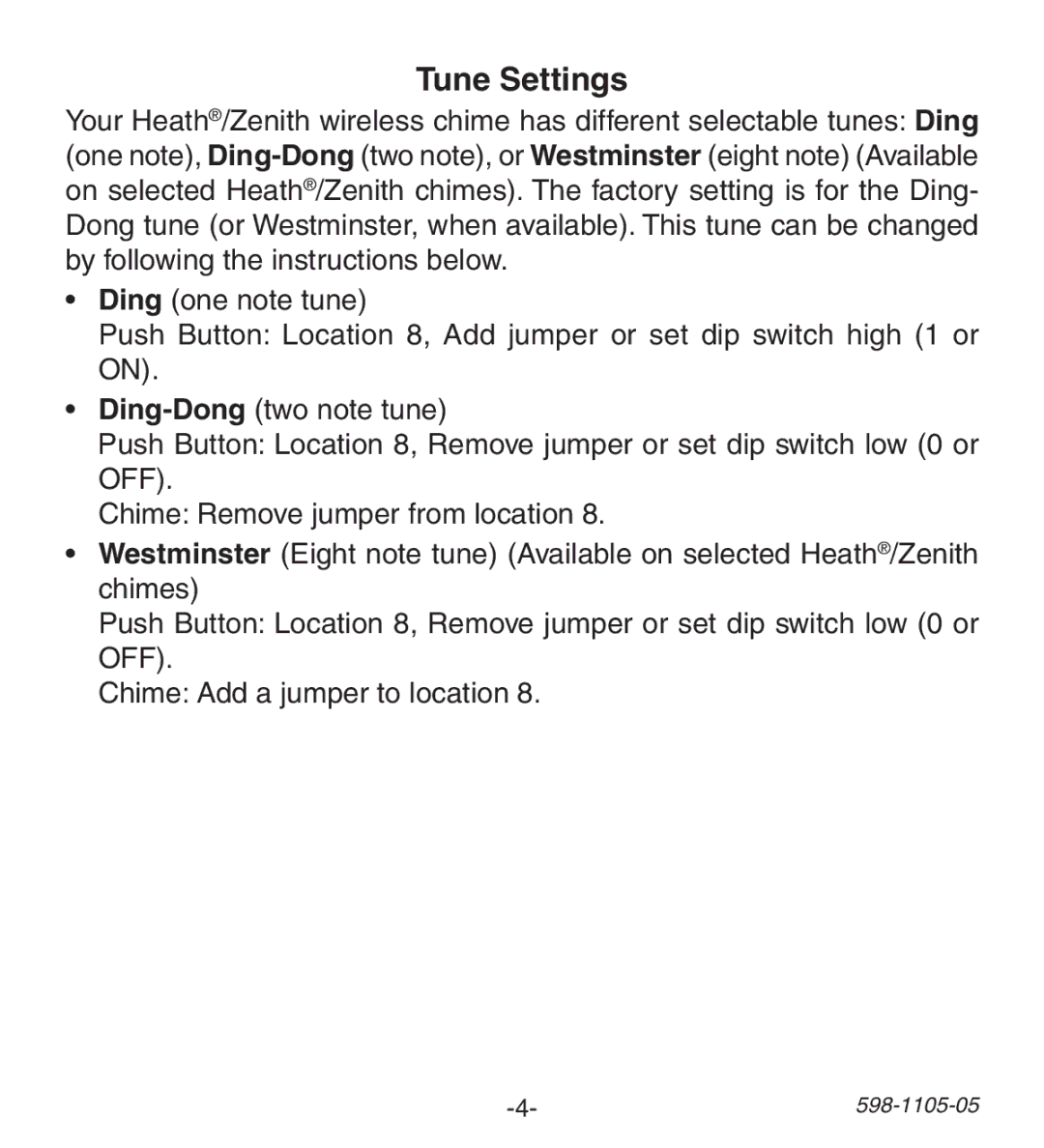 Heath Zenith 598-1105-05 manual Tune Settings 