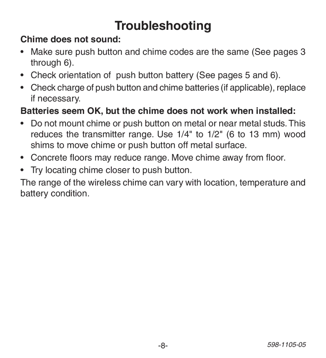 Heath Zenith 598-1105-05 manual Troubleshooting, Chime does not sound 