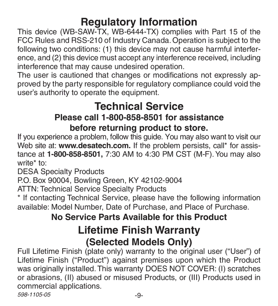 Heath Zenith 598-1105-05 manual Regulatory Information, Technical Service, Lifetime Finish Warranty 