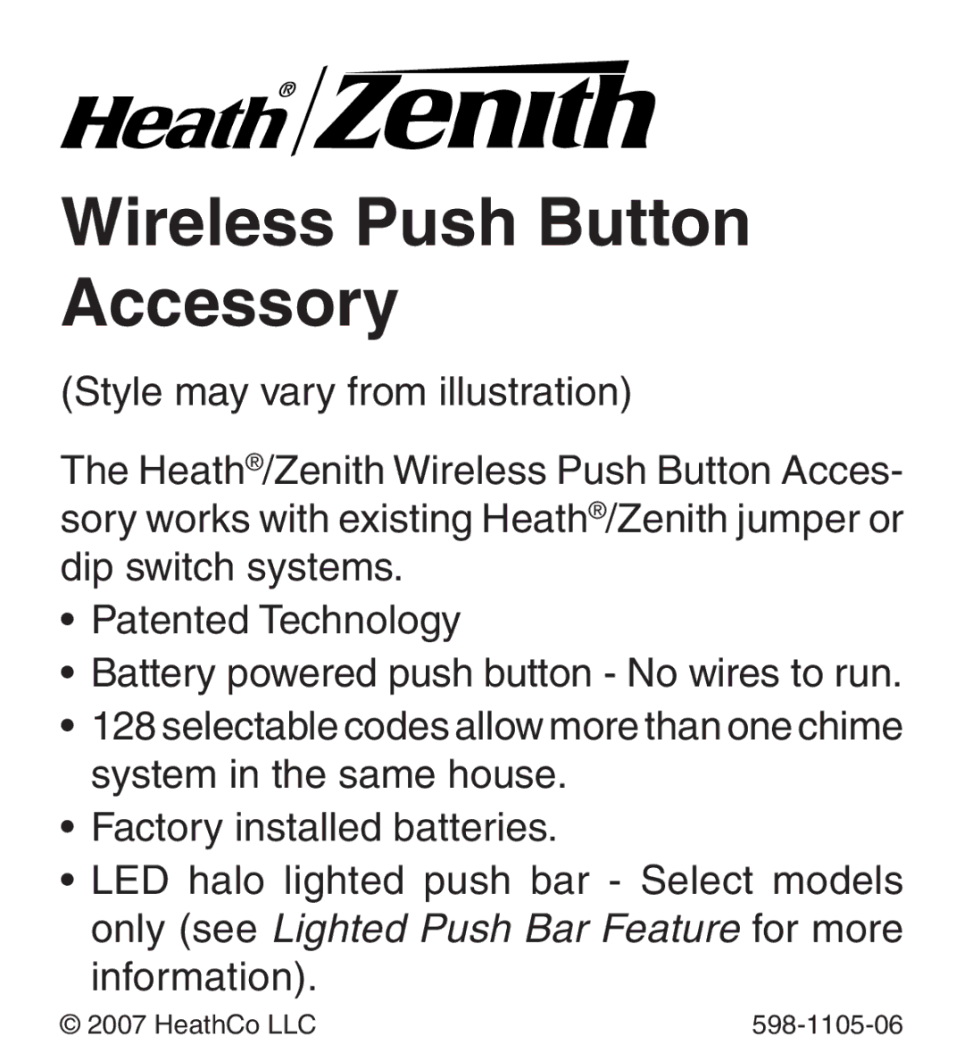 Heath Zenith 598-1105-06 manual Wireless Push Button Accessory 