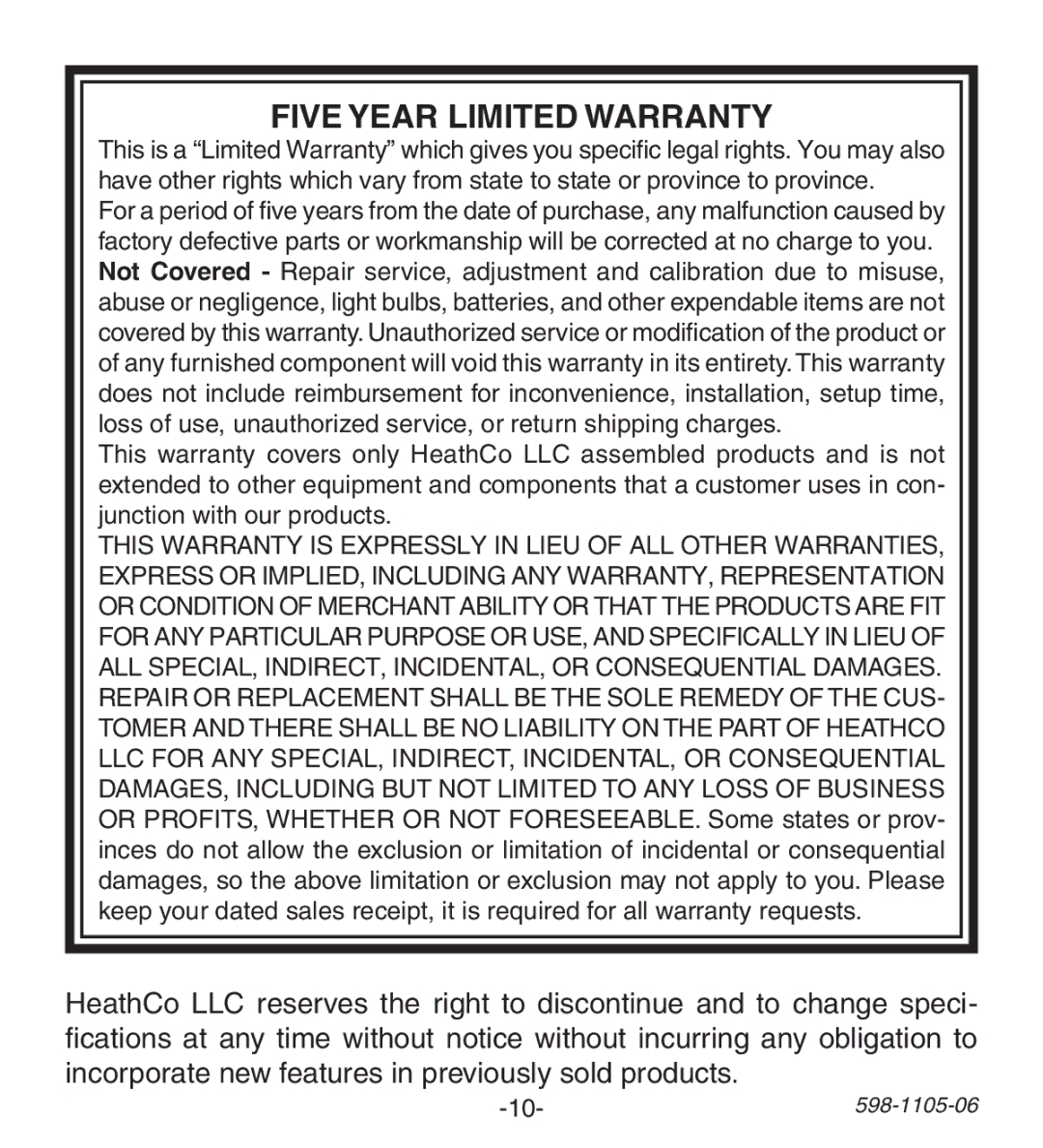 Heath Zenith 598-1105-06 manual Five Year Limited Warranty 