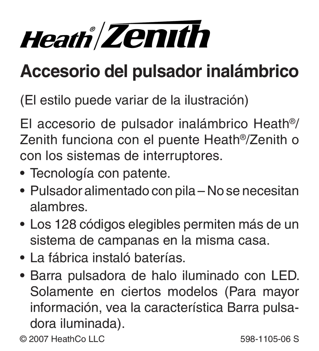 Heath Zenith 598-1105-06 manual Accesorio del pulsador inalámbrico 