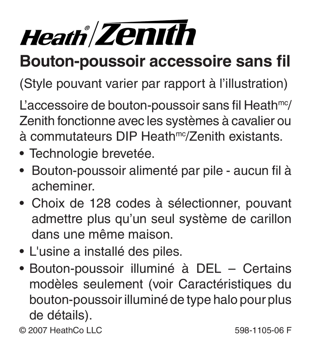 Heath Zenith 598-1105-06 manual Bouton-poussoir accessoire sans fil 