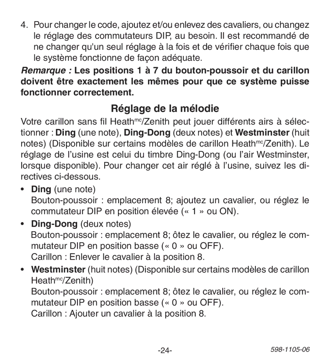 Heath Zenith 598-1105-06 manual Réglage de la mélodie 