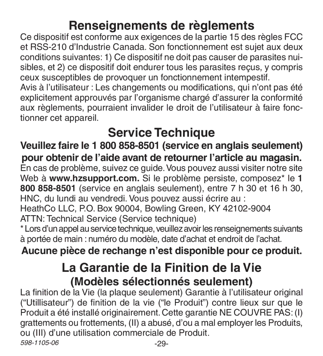 Heath Zenith 598-1105-06 manual Renseignements de règlements, Service Technique, La Garantie de la Finition de la Vie 