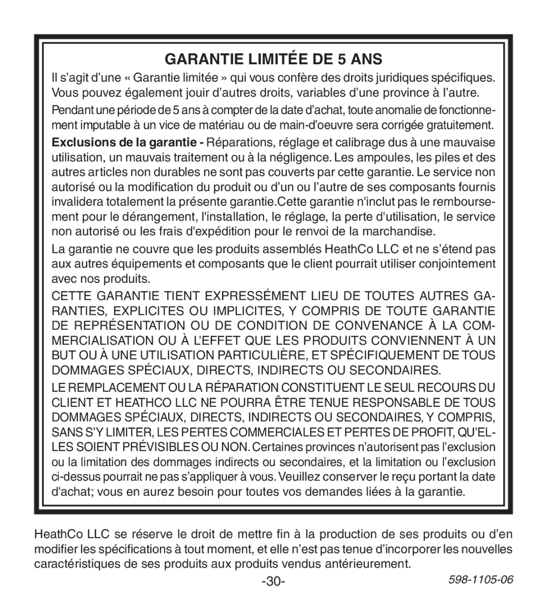 Heath Zenith 598-1105-06 manual Garantie Limitée DE 5 ANS 