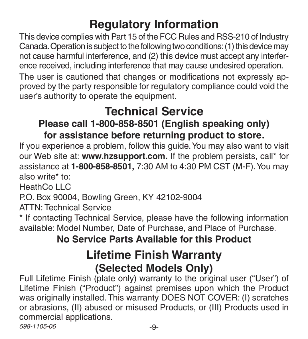 Heath Zenith 598-1105-06 manual Regulatory Information, Technical Service, Lifetime Finish Warranty 