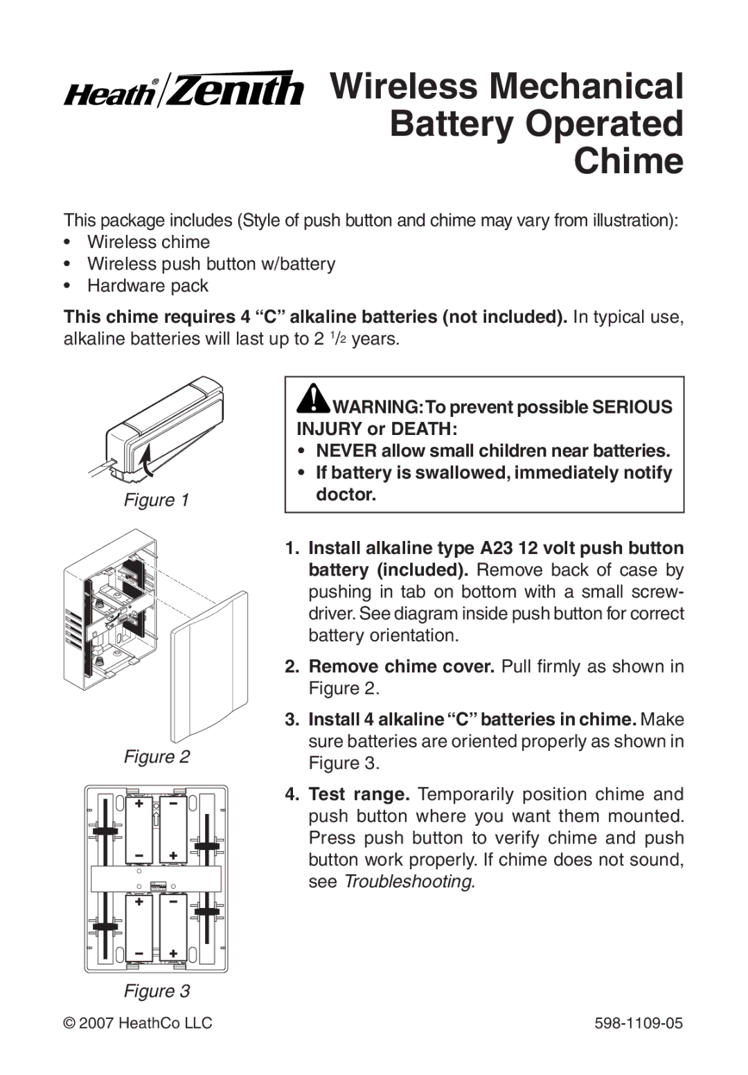 Heath Zenith 598-1109-05 manual Wireless Mechanical Battery Operated Chime 